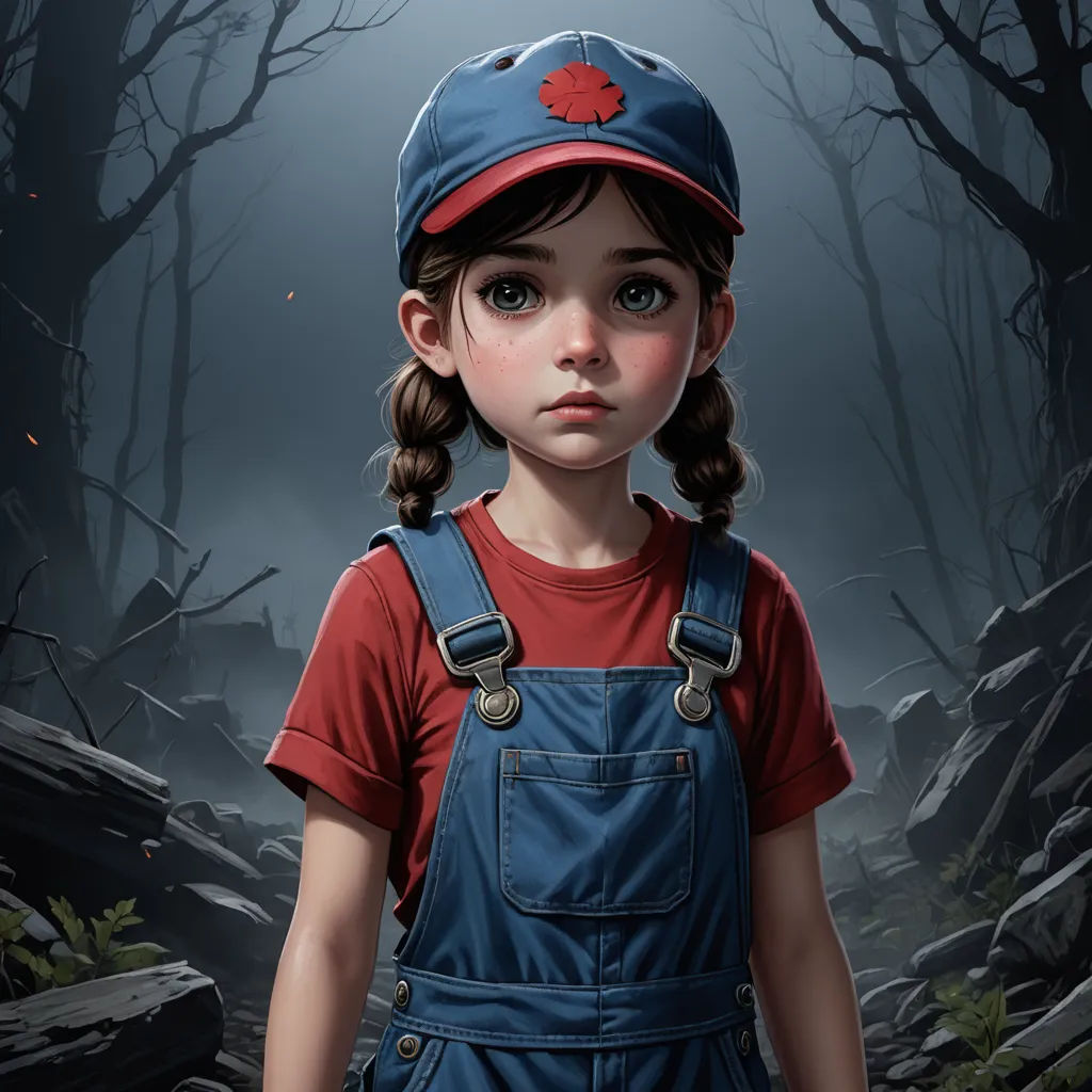 a painting of a girl in a red shirt and blue overalls with a red flower on her hat, sots art, a character portrait, Craig Davison, cgstudio