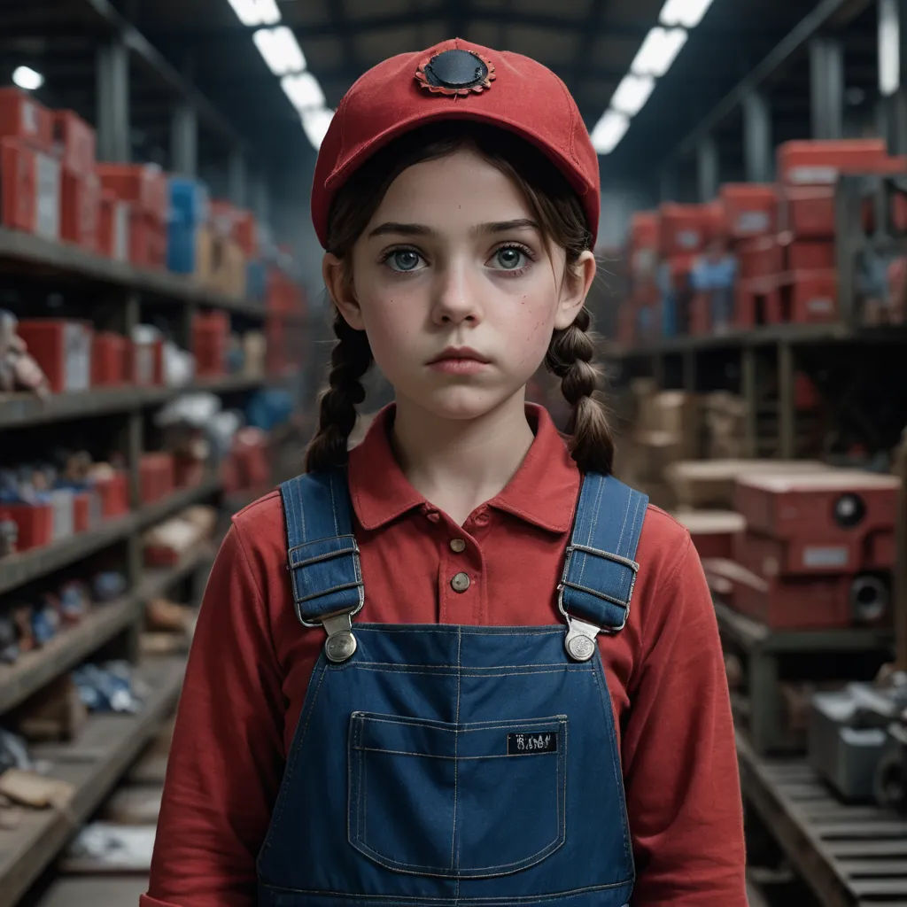 a young girl with a red hat and blue overalls stands in a warehouse with shelves of boxes and other items, hyperrealism, a character portrait, Daniel Lieske, vfx