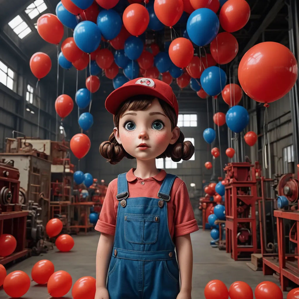 a girl in overalls and a red hat standing in a factory with balloons floating in the air above her, pop surrealism, an ambient occlusion render, Chris LaBrooy, behance hd