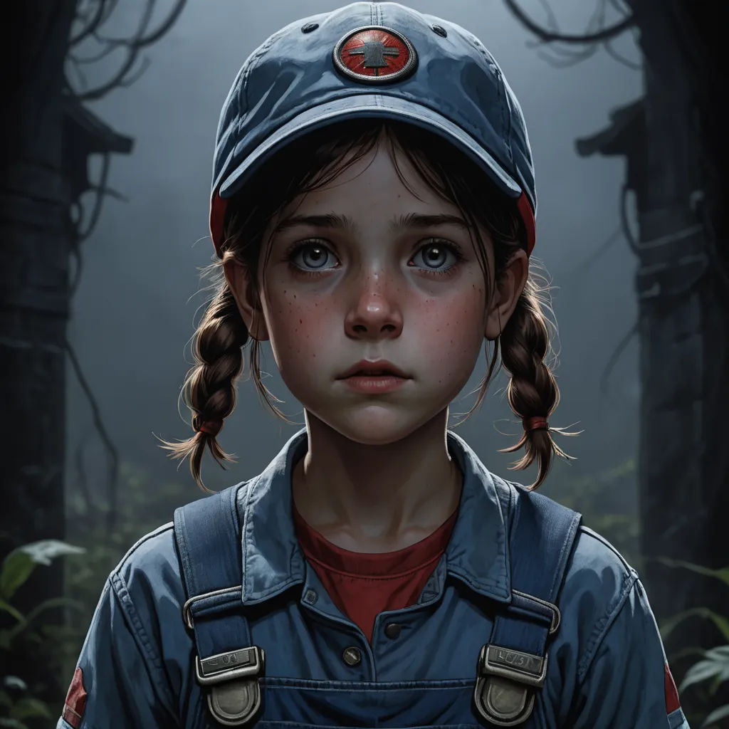 a painting of a young girl with a hat on her head and a blue jacket on her shoulders, standing in a forest, photorealism, a photorealistic painting, Craig Davison, trending on artstation hq