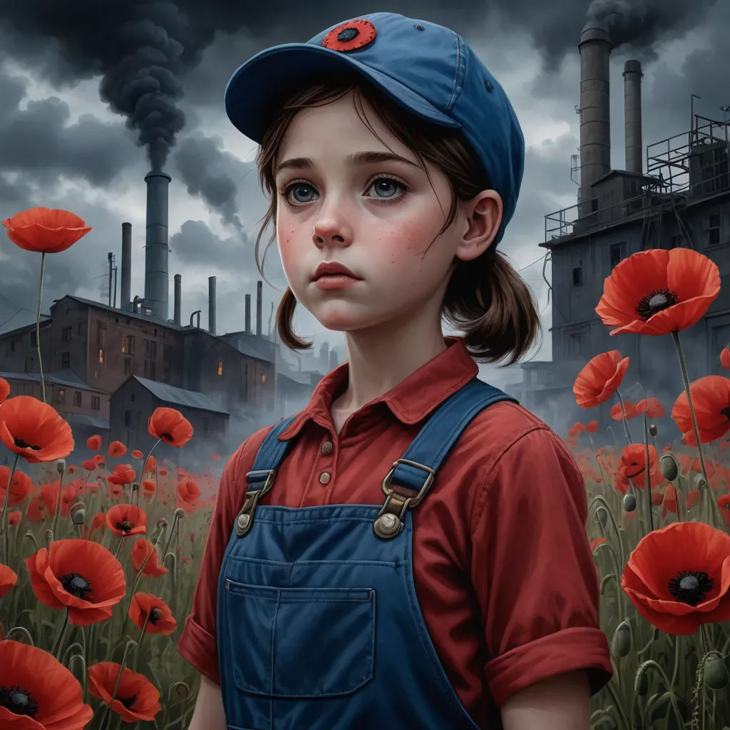 a painting of a girl in a red shirt and blue overalls standing in a field of red flowers, fantastic realism, a detailed painting, Andrea Kowch, highly detailed digital painting