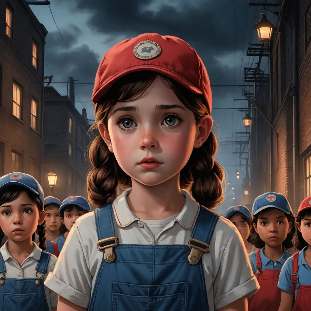 a painting of a girl in overalls and a red cap standing in front of a group of people, fantastic realism, a storybook illustration, Bob Byerley, trending on art station