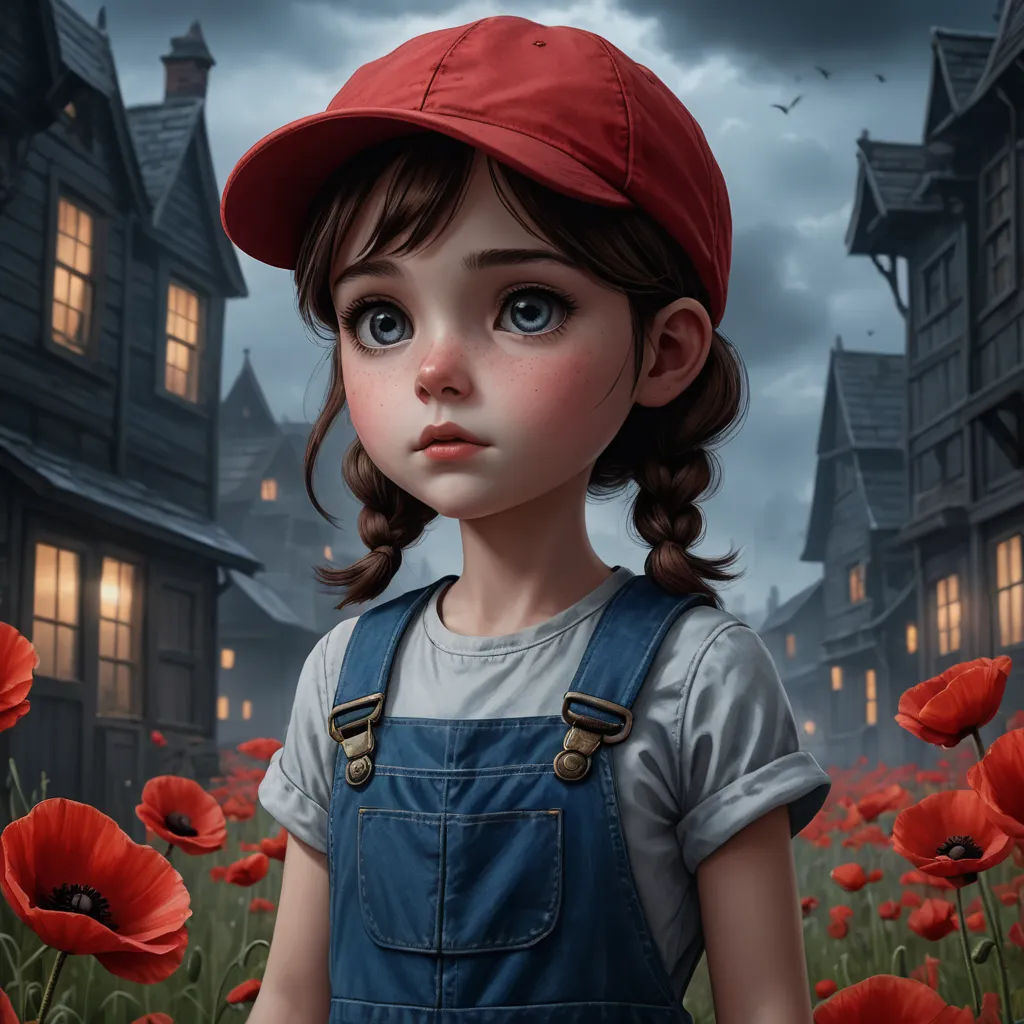 a little girl standing in a field of red flowers with a house in the background and a dark sky, fantasy art, an ultrafine detailed painting, Artgerm, trending on art station