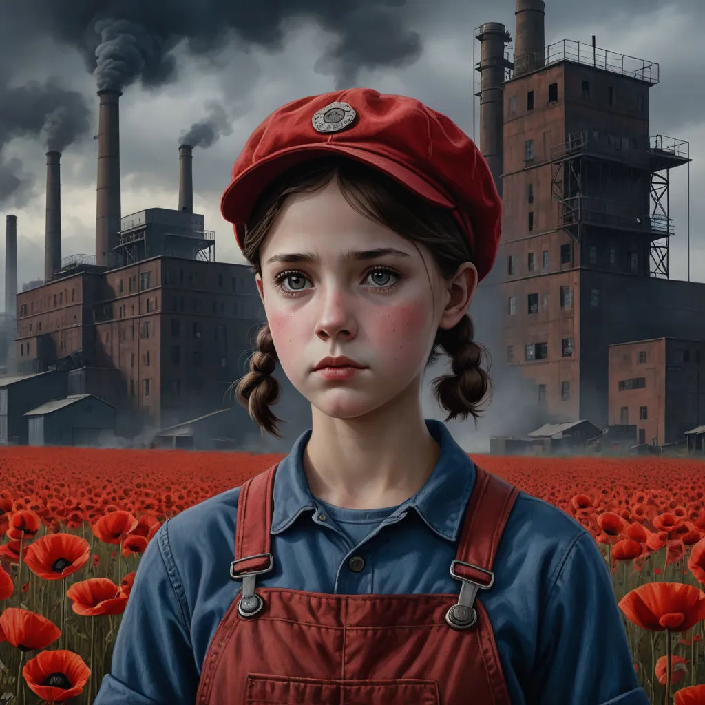 a painting of a girl in a red hat in a field of flowers with smoke stacks in the background, socialist realism, a detailed painting, Andrea Kowch, extremely detailed oil painting