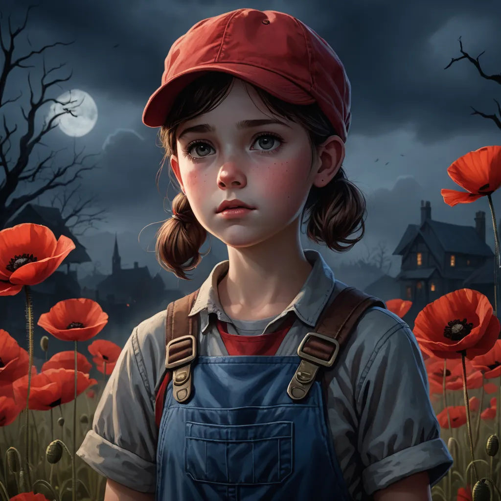 a painting of a girl in a red hat and overalls standing in a field of poppies with a dark sky in the background, fantasy art, an ultrafine detailed painting, Artgerm, trending on art station
