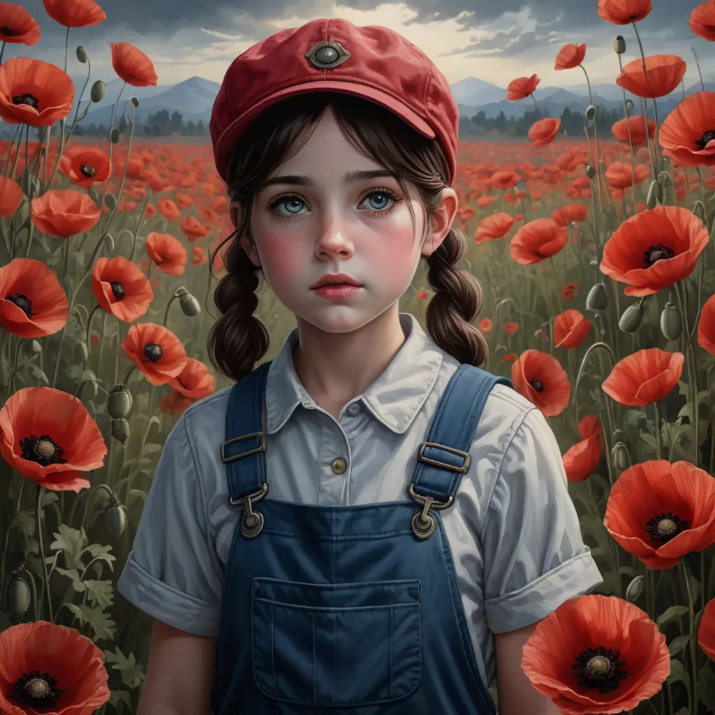 a painting of a girl in a field of red flowers with a red hat on her head and a mountain in the background, photorealism, a detailed painting, Brad Kunkle, trending on art station