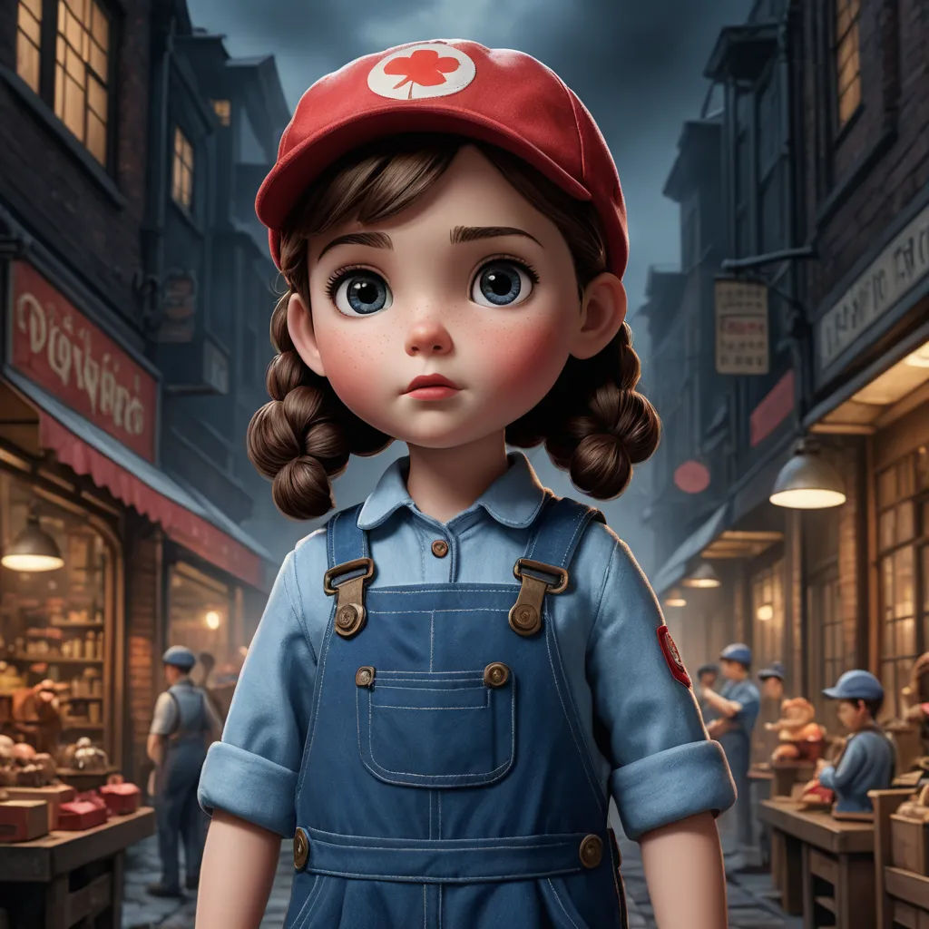 a cartoon girl in overalls and a red hat standing in front of a restaurant with a dark sky in the background, photorealism, an ultrafine detailed painting, Chen Lin, cgstudio