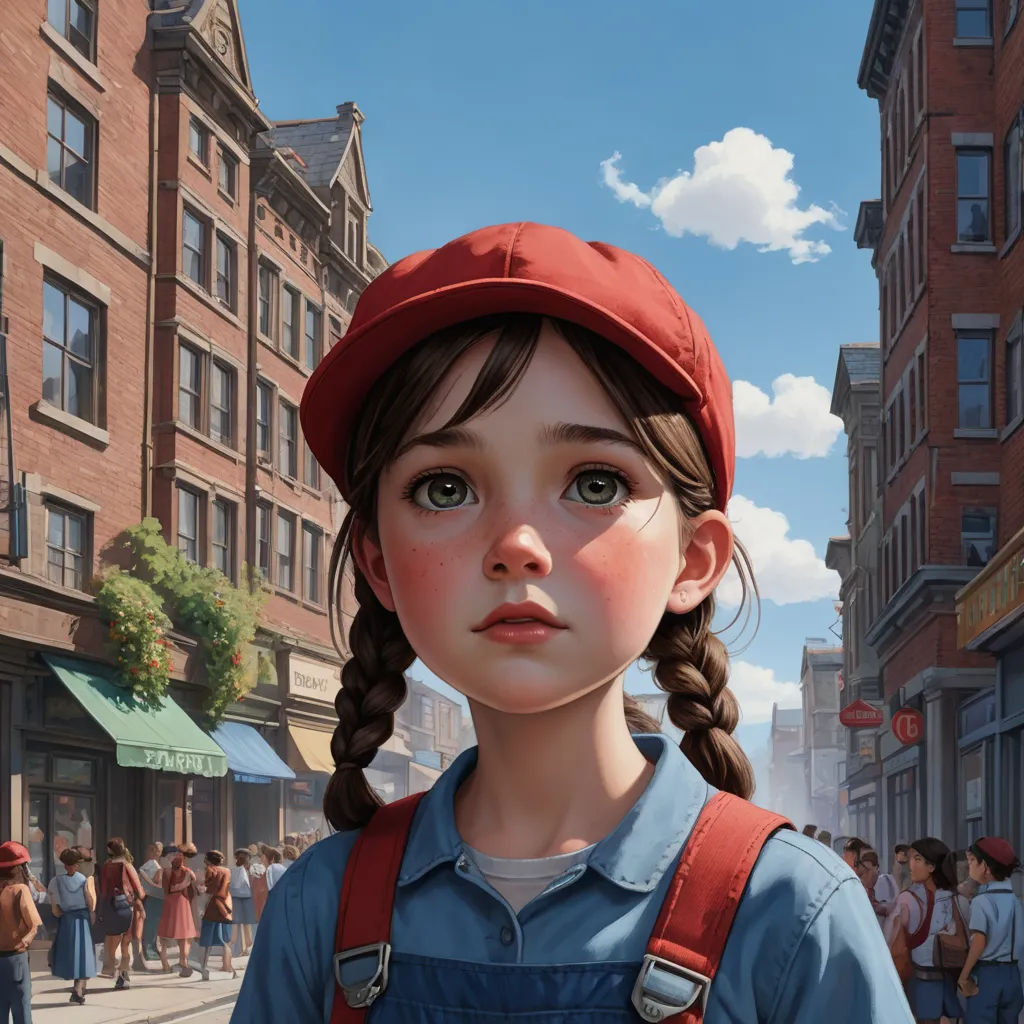 a painting of a girl with a red hat and overalls on a city street with people walking around, photorealism, a detailed painting, Clint Cearley, stanley artgerm lau