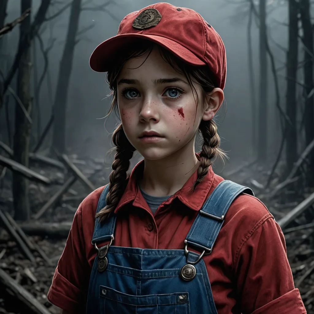 a young girl with a red hat and blue overalls stands in a forest with a tree stump and branches, art photography, a photorealistic painting, Diego Gisbert Llorens, ultra realistic digital art