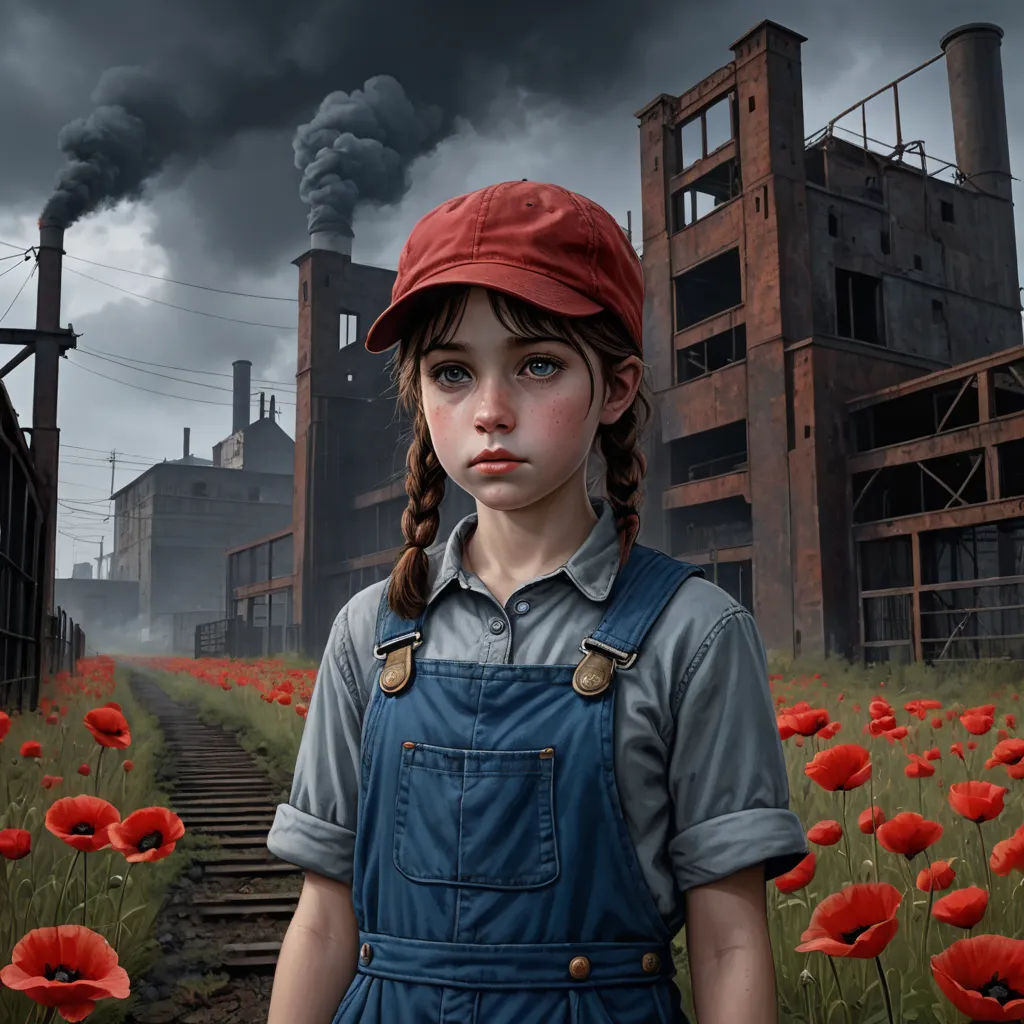a girl in overalls and a red hat stands in a field of red flowers with a factory in the background, fantastic realism, a detailed matte painting, Andrea Kowch, trending on art station