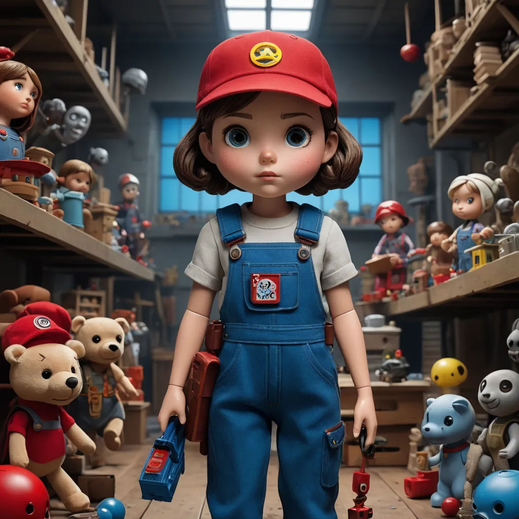 a doll is standing in a toy store with many toys around her and a teddy bear behind her,, photorealism, poster art, Diego Gisbert Llorens, promotional image