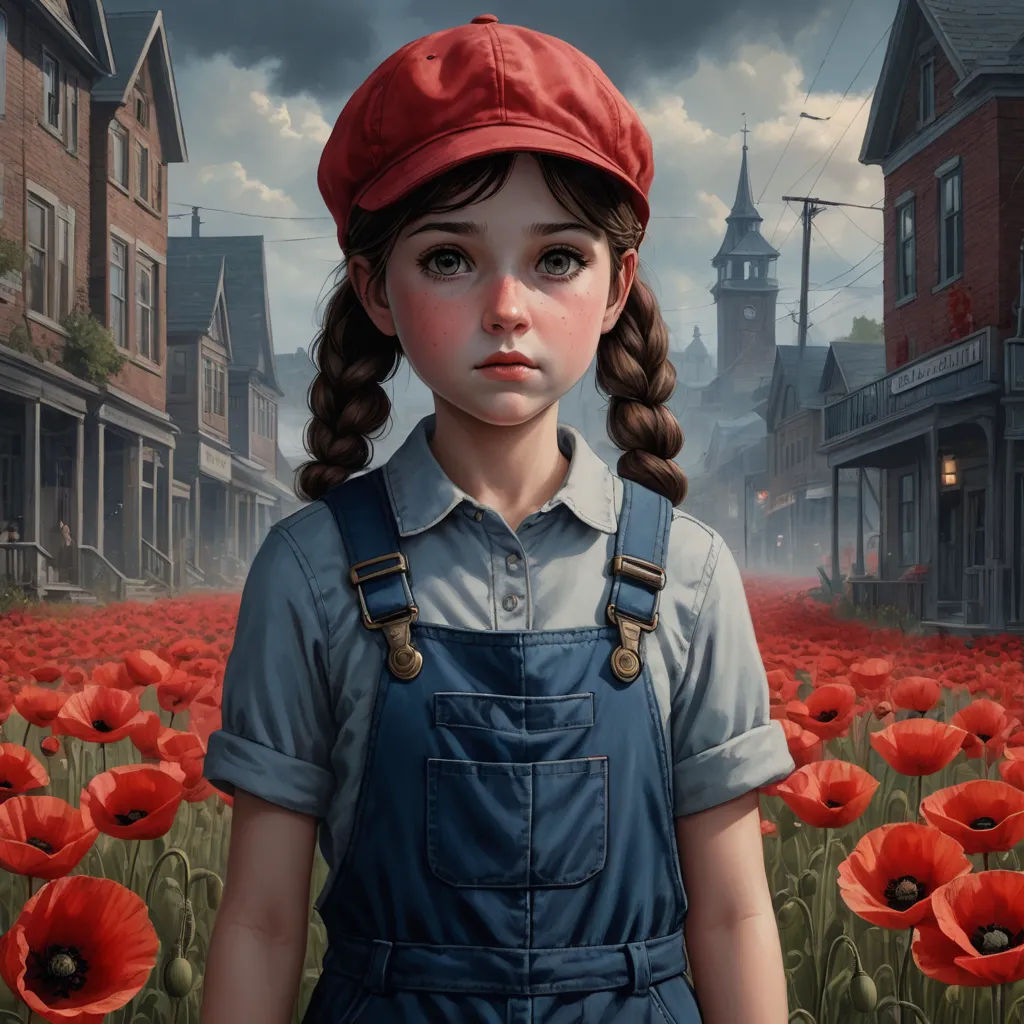 a painting of a girl in a red hat standing in a field of red flowers with a dark sky in the background, fantastic realism, a detailed painting, Bob Byerley, trending on art station