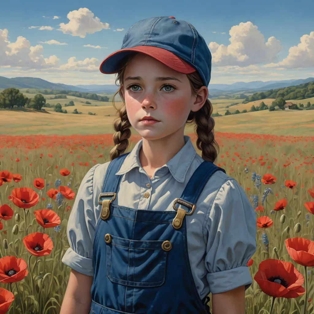 a painting of a girl in a field of flowers with a hat on her head and a blue overalls, photorealism, a photorealistic painting, Bob Byerley, extremely detailed oil painting