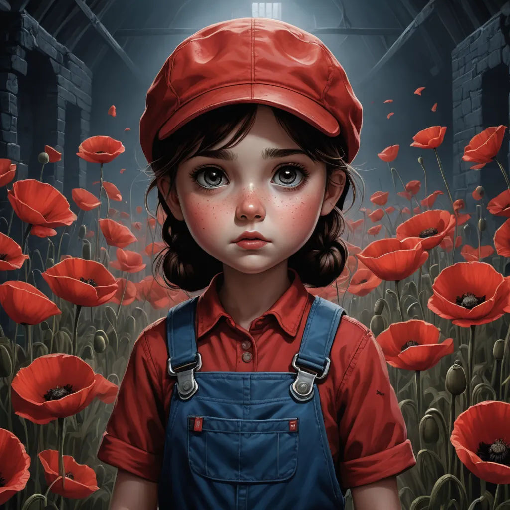 a painting of a little girl in a red hat and overalls standing in a field of red flowers, pop surrealism, an ultrafine detailed painting, Artgerm, trending on art station