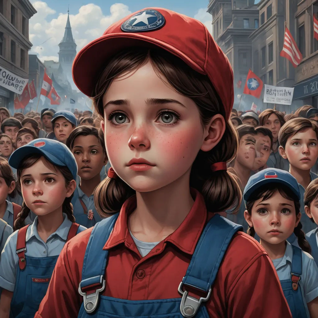a painting of a girl in a red baseball cap and overalls standing in front of a crowd of people, american realism, an ultrafine detailed painting, Bob Byerley, trending on art station