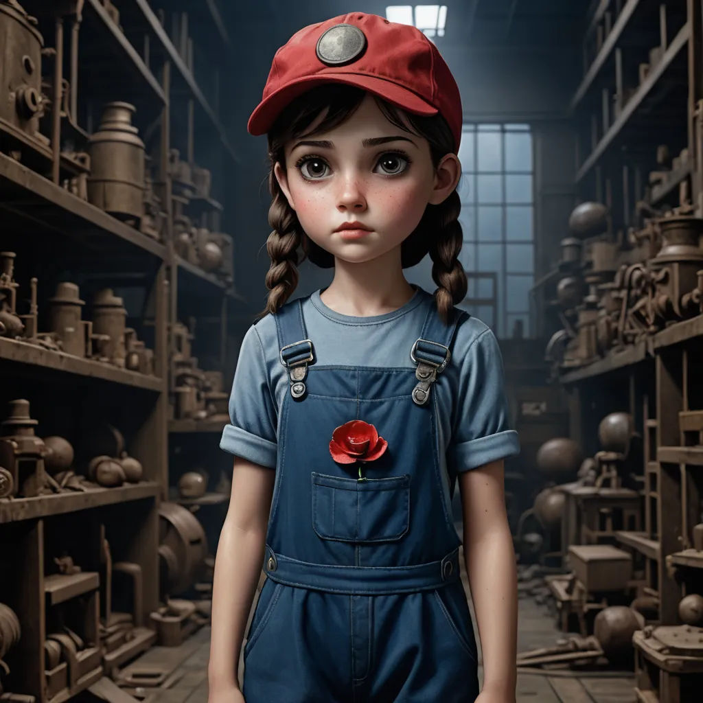 a girl with a red hat and blue overalls stands in a room full of shelves with vases, photorealism, an ambient occlusion render, Cliff Childs, cgstudio