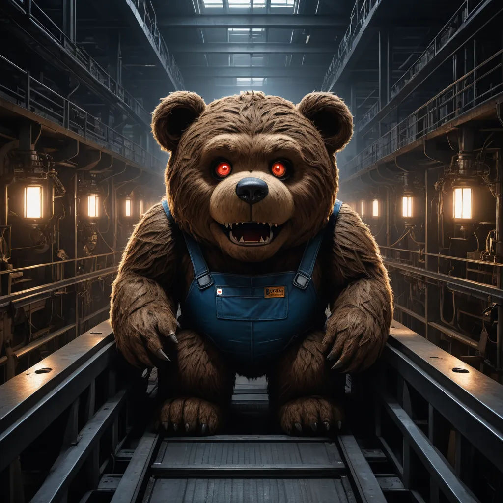 a large teddy bear with red eyes and a blue overalls is sitting in a room with stairs and lights, furry art, a character portrait, Chris LaBrooy, promotional image
