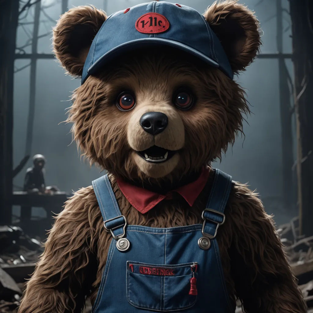 a teddy bear wearing a hat and overalls in a forest with a person in the background in the background, furry art, a character portrait, Chris LaBrooy, imax 70 mm footage