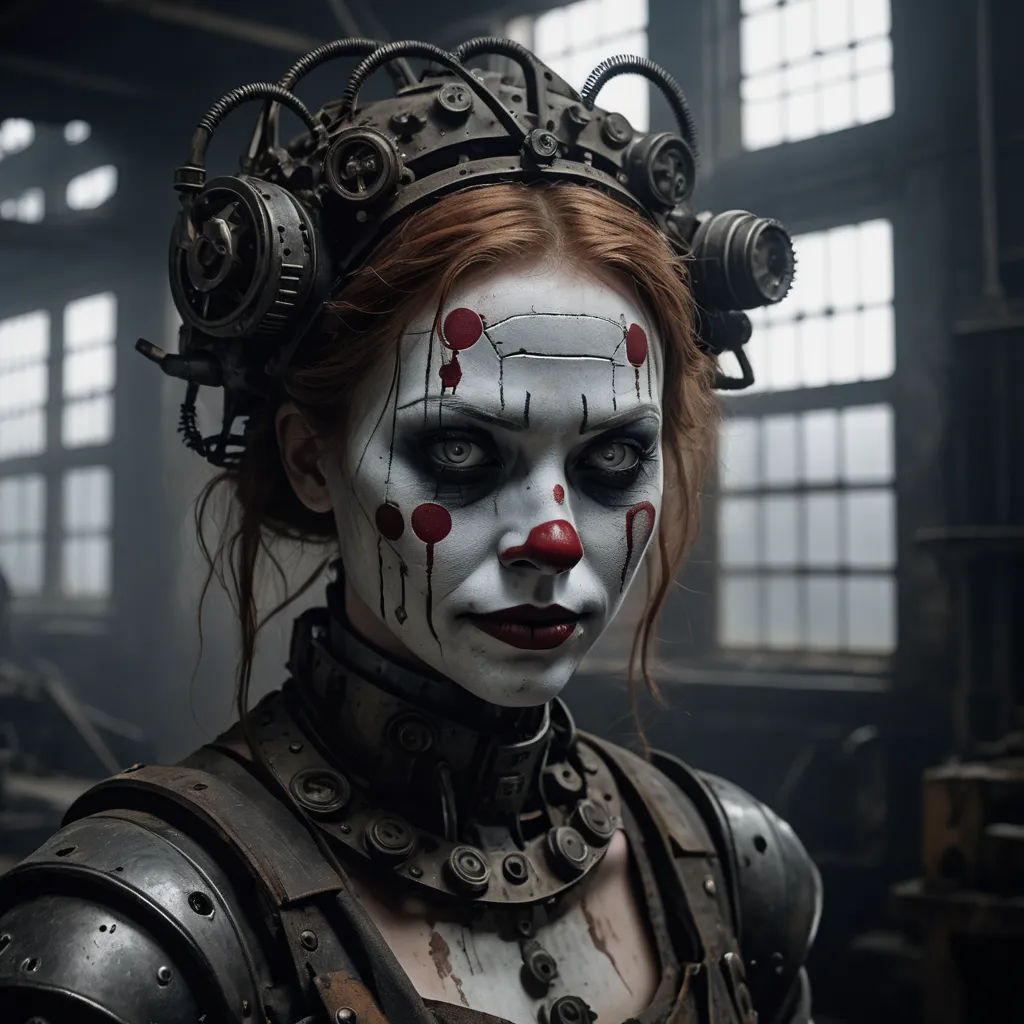 a woman with makeup and a creepy look on her face and head, in a factory with machinery and windows, bauhaus, a character portrait, Artur Tarnowski, steampunk