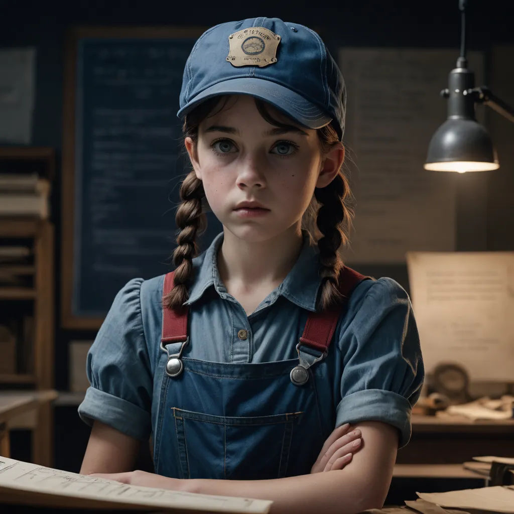 a young girl with a blue hat and overalls standing in front of a desk with a book and a lamp, arbeitsrat für kunst, a character portrait, Ada Gladys Killins, promotional image