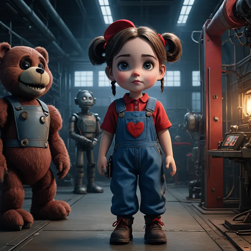 a girl and a teddy bear in a factory with a light on and a man in a red shirt, sots art, concept art, Eddie Mendoza, promotional image
