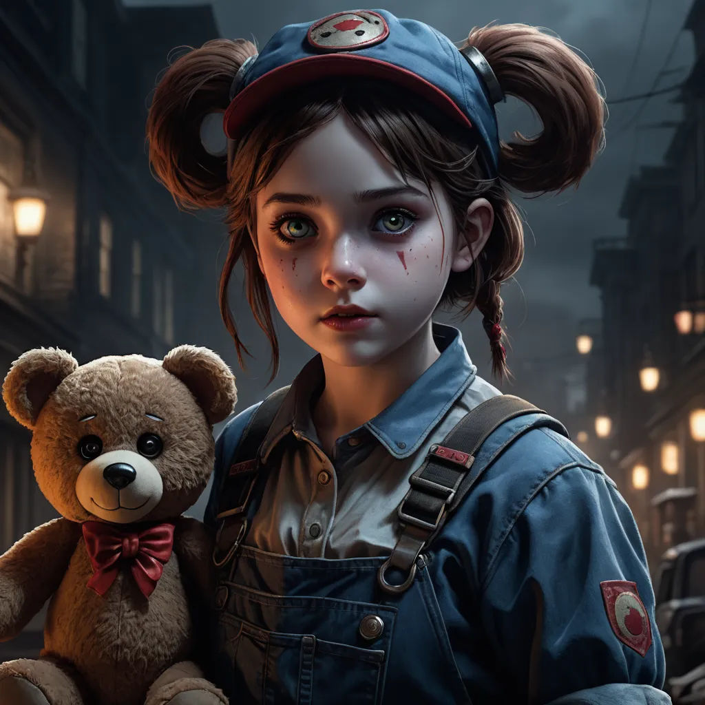 a girl with a teddy bear in a street at night with lights on and a creepy look on her face, sots art, concept art, Aleksi Briclot, cgstudio