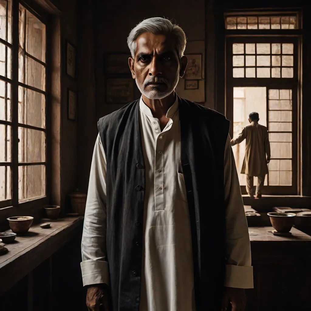 a man standing in a room with a window and a person standing in the background in a room with windows, samikshavad, a detailed matte painting, Bhupen Khakhar, cinematic photography
