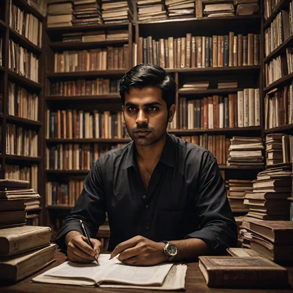 a man sitting at a table in front of a book shelf filled with books and writing on a paper, samikshavad, a character portrait, Bhupen Khakhar, promotional image