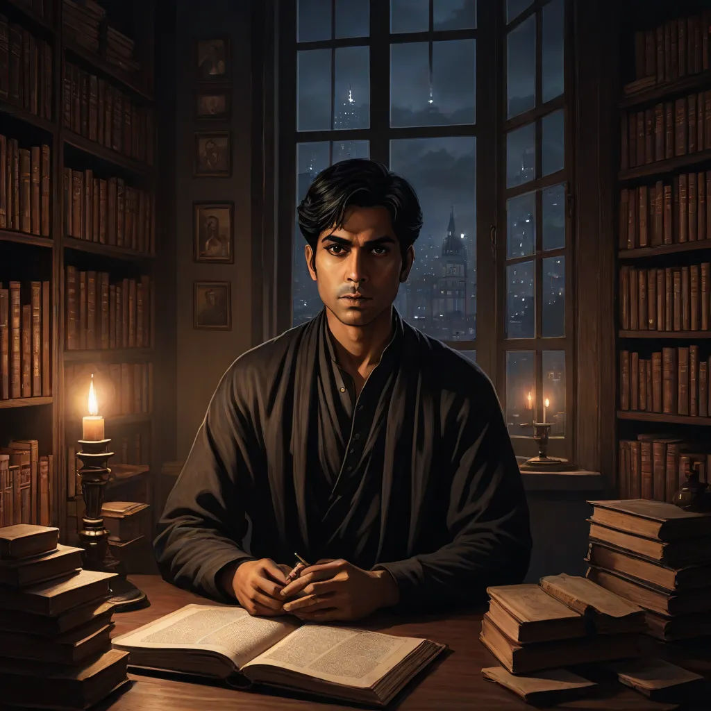 a man sitting at a table with a book in front of him and a candle in the background in a dark room, magical realism, a character portrait, Anthony Devas, official art