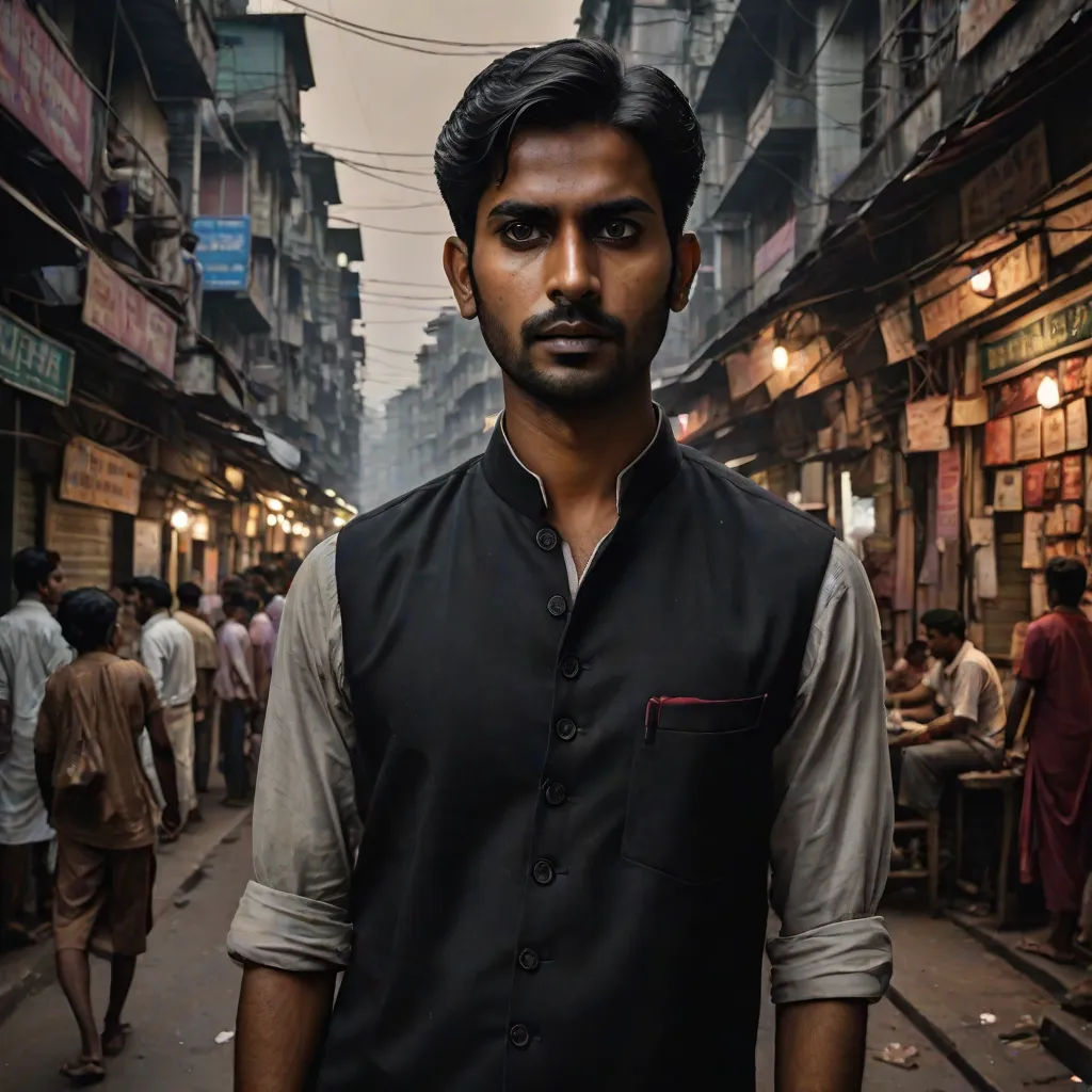a man standing in a crowded street in india with a black vest on and a group of people walking around, samikshavad, a character portrait, Bikash Bhattacharjee, cinematic photography