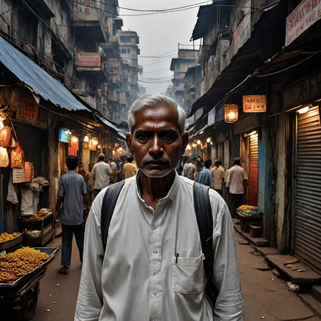 a man standing in a narrow alley way with a backpack on his back and a lot of people walking around, samikshavad, a character portrait, Bikash Bhattacharjee, award-winning photograph