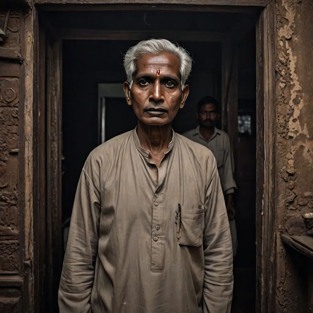 a man with a fake head standing in a doorway with another man in the background looking at the camera, samikshavad, a character portrait, Bholekar Srihari, award - winning photography