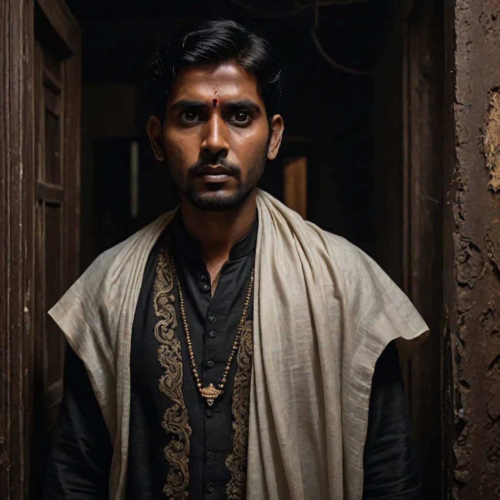 a man with a black shirt and a white shawl on his head and a necklace on his neck, samikshavad, a character portrait, Bholekar Srihari, movie still