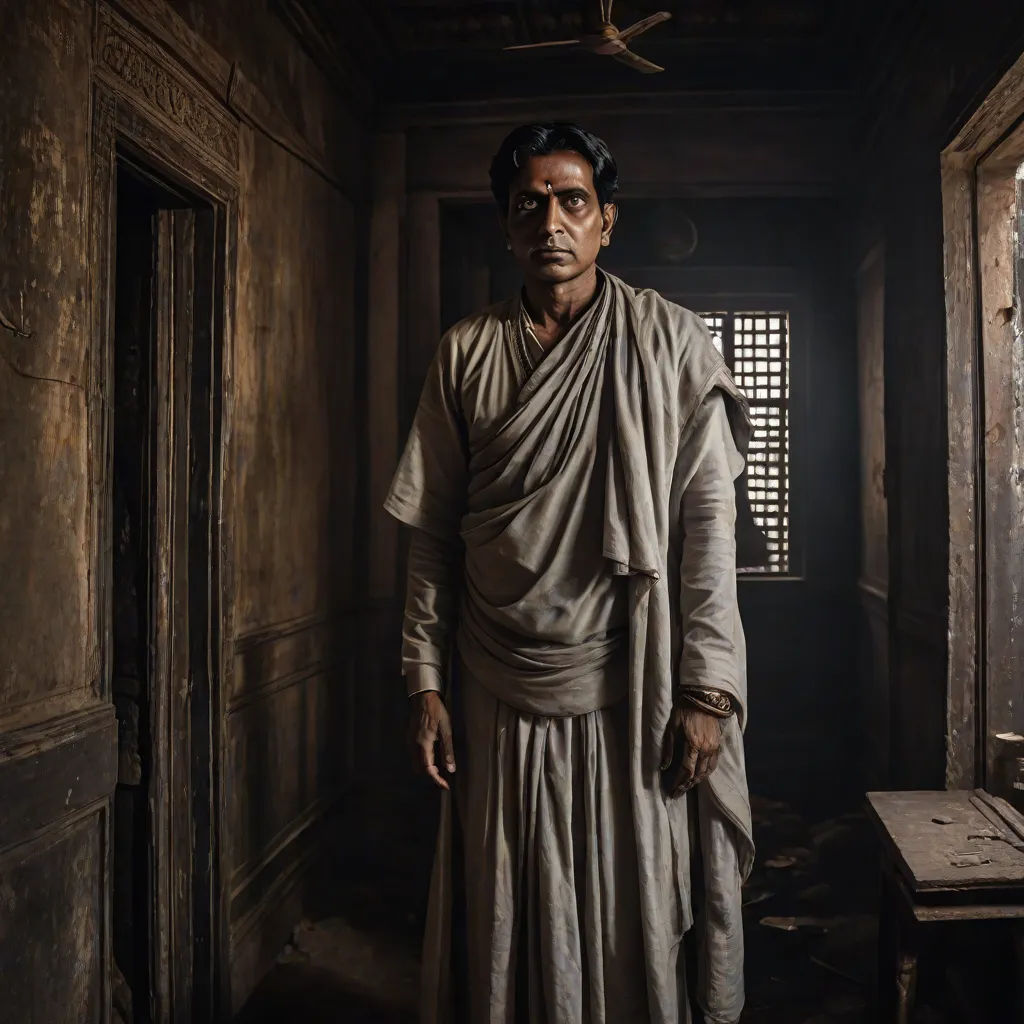 a man in a white robe standing in a room with a window and a table in front of him, samikshavad, a detailed matte painting, David Annand, cinematic photography