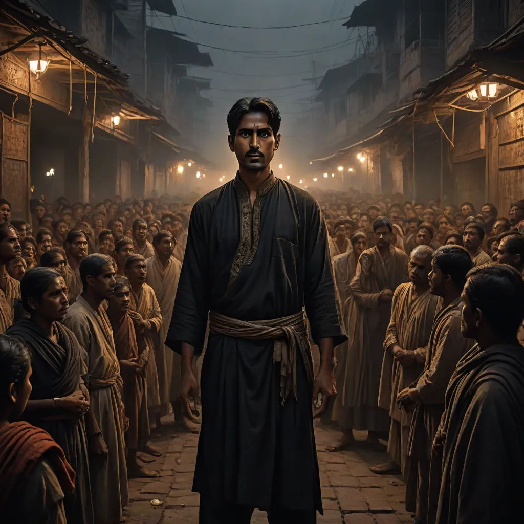 a man standing in front of a crowd of people in a street at night with lights on and a crowd of people standing around him, samikshavad, a detailed matte painting, Bholekar Srihari, cinematic photography