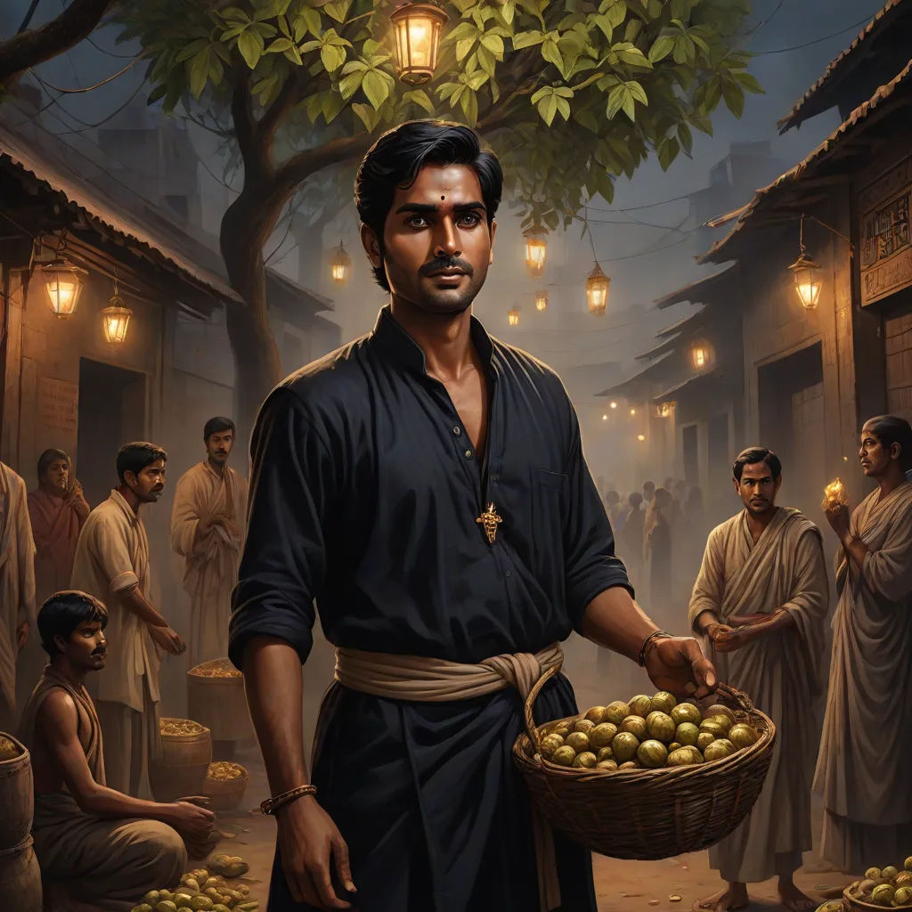 a painting of a man holding a basket of fruit in front of a group of men in robes and lights, samikshavad, a detailed matte painting, Anthony Devas, jayison devadas