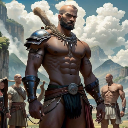 a group of men in roman armor standing in front of a mountain range with clouds in the background and a sky with clouds