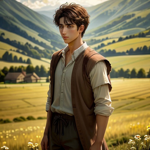 a painting of a boy in a field with mountains in the background and a sky with clouds in the background