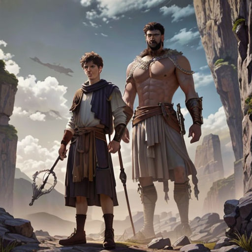 two men in ancient costumes standing in a rocky area with mountains in the background and clouds in the sky