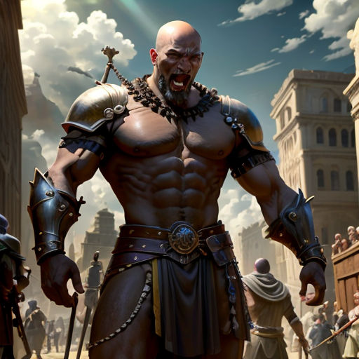 a man in armor standing in front of a crowd of people in a city with a sword and a sword