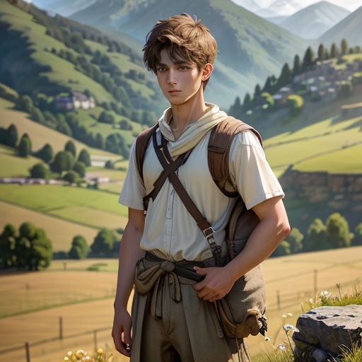 a man in a brown outfit standing in a field with mountains in the background and a painting of a man in a brown shirt