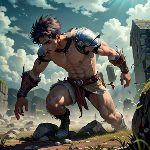 a man in armor is running through a field with a sword and a sword in his hand, with a sky background
