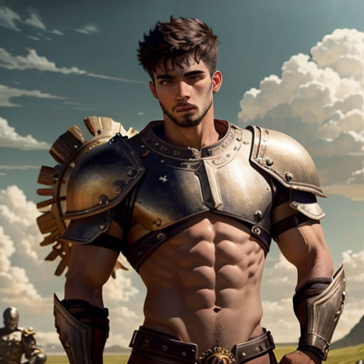 a man in armor standing in a field with a sky background and clouds in the background, with a man in the foreground