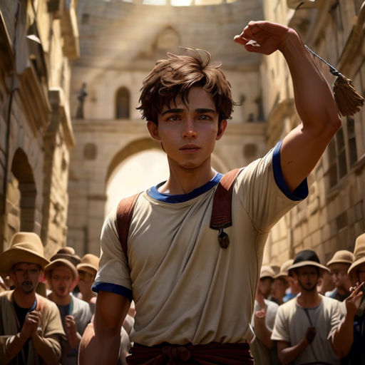 a man in a roman costume is holding a sword in front of a crowd of people in a city