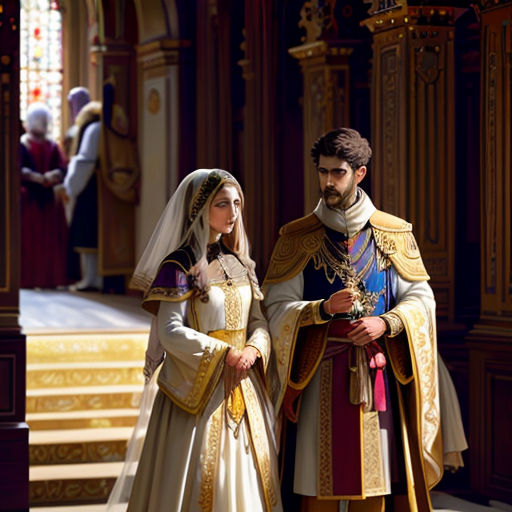 a man and woman dressed in medieval clothing standing next to each other in front of a church alter with a priest