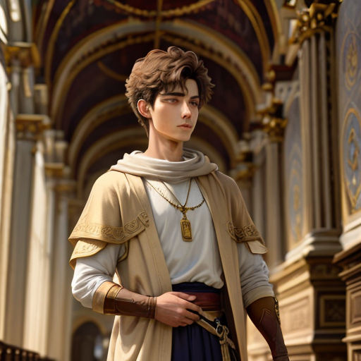 a man in a renaissance outfit standing in a building with a sword in his hand and a gold necklace on his neck