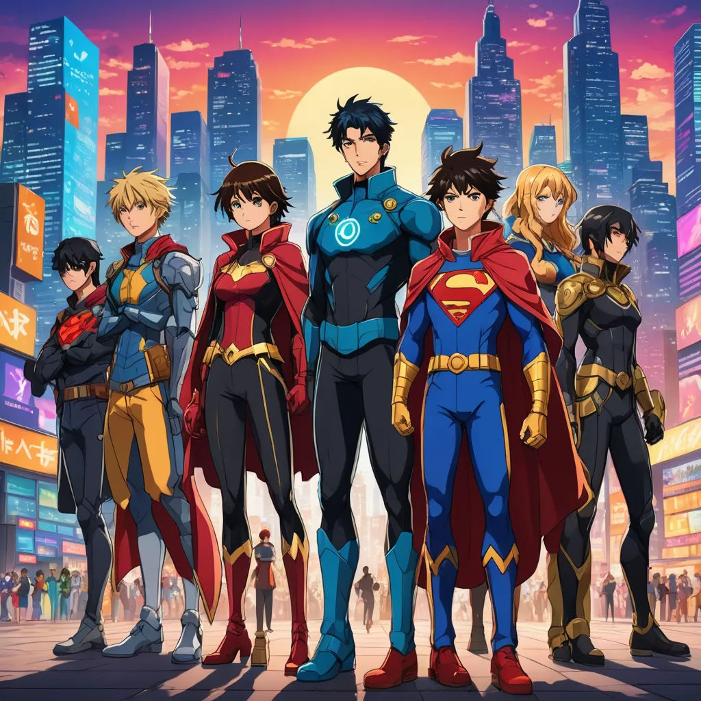 a group of young men standing in front of a city skyline with skyscrapers in the background and a full moon in the sky, rayonism, a poster, Baiōken Eishun, official art