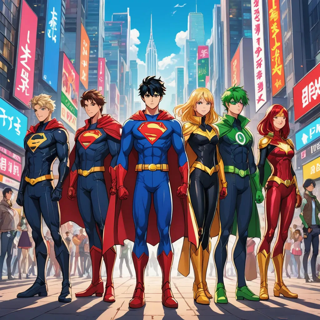 a group of young men standing in front of a cityscape with a superman logo on it's chest, superflat, a comic book panel, Artgerm, official art