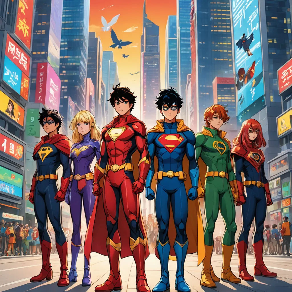 a group of young justice comics standing in a city street with skyscrapers in the background and a bird flying overhead, rayonism, a poster, Baiōken Eishun, official art