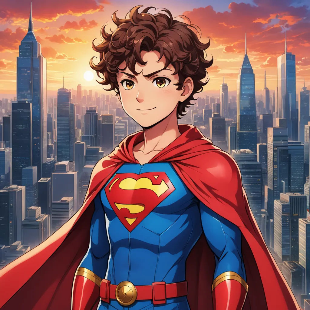a man in a superman suit standing in front of a city skyline with a red cape on his head, superflat, a character portrait, Altichiero, official art